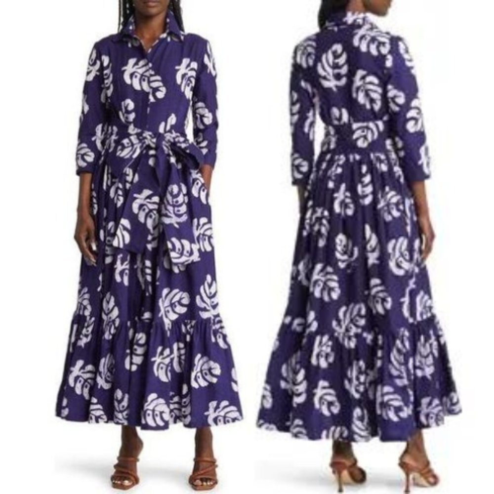 New! Sika Purple Leaf Print Cotton Maxi Shirt Dress 17509